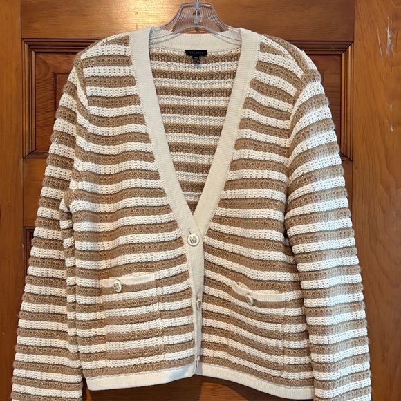 Talbots Sweaters - Talbots Cream and Tan Striped V-Neck Cardigan